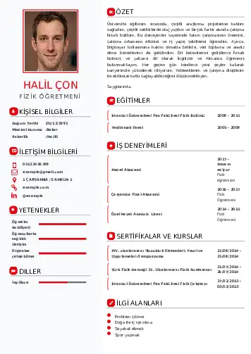 Fizik Öğretmeni CV Örnekleri cv indir
